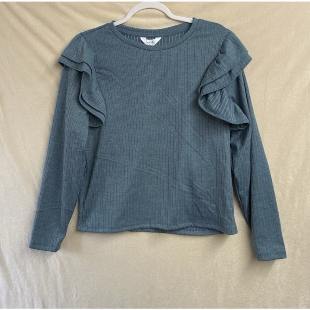 Cottagecore Dusty Blue Ribbed Ruffle Long Sleeve fair whimsical Top W‎ XL NWT